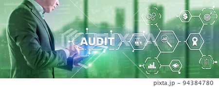 Audit. Checking the financial statements of the company. Businessman touching Audit on 3d icon on virtual screen 94384780