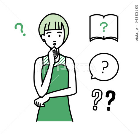 立って手をあごにあてて疑問を感じているドレスの女性 クエスチョンマークのセット 94385539