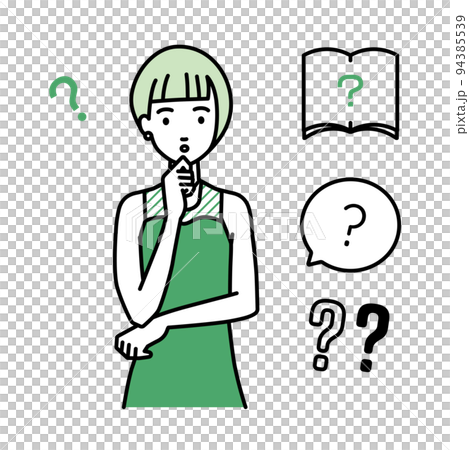 立って手をあごにあてて疑問を感じているドレスの女性 クエスチョンマークのセット 94385539