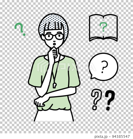立って手をあごにあてて疑問を感じている教師の女性 クエスチョンマークのセット 94385547