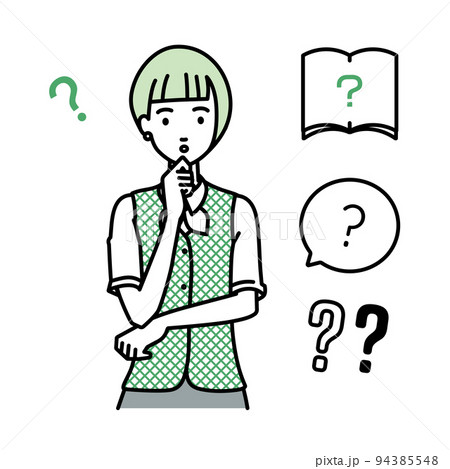 立って手をあごにあてて疑問を感じている事務員制服の女性 クエスチョンマークのセット 94385548