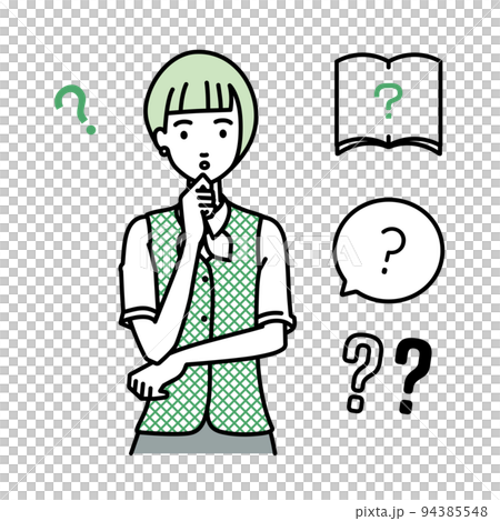 立って手をあごにあてて疑問を感じている事務員制服の女性 クエスチョンマークのセット 94385548
