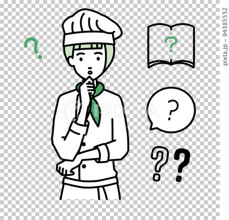 A set of question marks of a female cook who stands and feels doubts with her hands on her chin A set of question marks of a female cook who stands and feels doubts with her hands on her chin 94385552