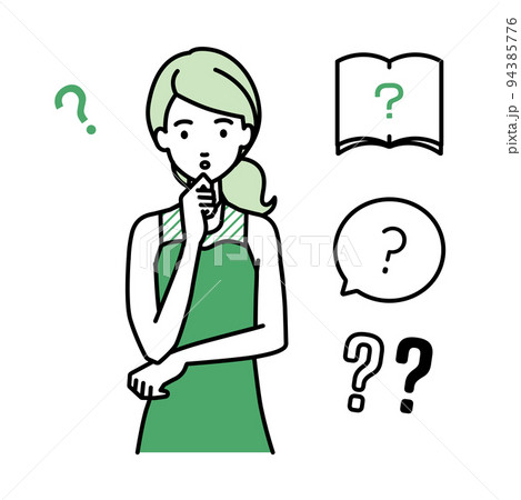 立って手をあごにあてて疑問を感じているドレスの女性 クエスチョンマークのセット 94385776