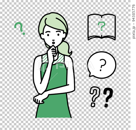 立って手をあごにあてて疑問を感じているドレスの女性 クエスチョンマークのセット 94385776