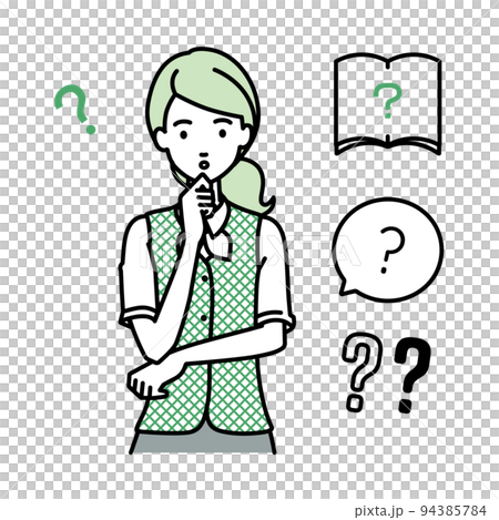 立って手をあごにあてて疑問を感じている事務員制服の女性 クエスチョンマークのセット 94385784