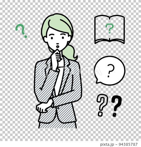 立って手をあごにあてて疑問を感じているスーツの女性 クエスチョンマークのセット 立って手をあごにあてて疑問を感じているスーツの女性 クエスチョンマークのセット 94385787