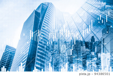 Financial graphs and modernistic cityscape as background for business concept. 94386501