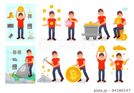 Bitcoin Mining with Man with Cryptocurrency Coin and Pickaxe Big Vector Set 94386547
