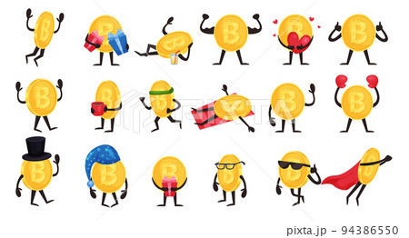 Golden Bitcoin Humanized Character Engaged in Different Activity Vector Set 94386550
