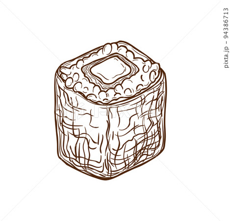Uramaki sushi roll, Japanese food menu sketch, isolated vector. Boston, California or Philadelphia uramaki roll with salmon fish, shrimp seafood or tuna, Japanese cuisine restaurant menu icon Uramaki sushi roll, Japanese food menu sketch, isolated vector. Boston, California or Philadelphia uramaki roll with salmon fish, shrimp seafood or tuna, Japanese cuisine restaurant menu icon 94386713