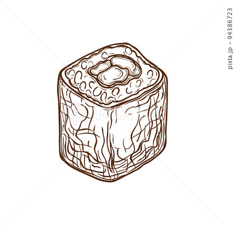 Sushi, uramaki roll sketch, Japanese cuisine and restaurant menu hand drawn vector. Uramaki sushi ebi shrimp, sake salmon or toro tuna with rice, Japanese food Sushi, uramaki roll sketch, Japanese cuisine and restaurant menu hand drawn vector. Uramaki sushi ebi shrimp, sake salmon or toro tuna with rice, Japanese food 94386723