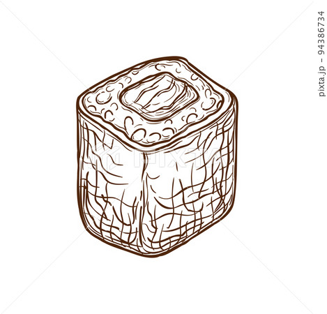 Sushi roll, sketch Japanese food hosomaki and uramaki rice with seafood and fish, vector. Japanese cuisine food, sushi roll, hand drawn isolated nigiri, hosomaki or oshi, and futomaki, resturant menu Sushi roll, sketch Japanese food hosomaki and uramaki rice with seafood and fish, vector. Japanese cuisine food, sushi roll, hand drawn isolated nigiri, hosomaki or oshi, and futomaki, resturant menu 94386734