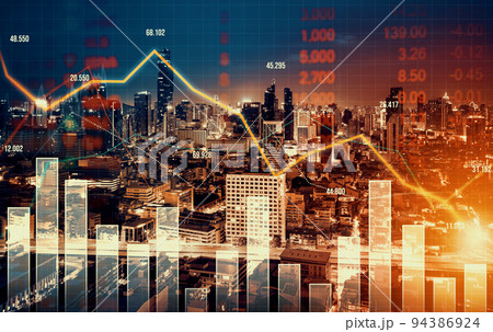 Declining graphs and digital indicators overlap modernistic city background. 94386924