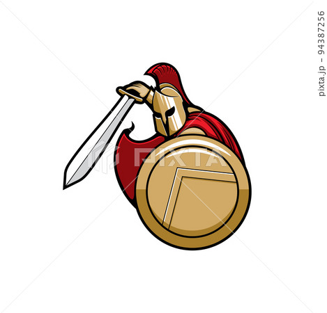 Legendary sparta soldier in red cloak, with shield and sword isolated roman or greek warrior emblem. Vector sparta gladiator in helmet with red feathers or plume, trojan fighter with weapon, swordsman Legendary sparta soldier in red cloak, with shield and sword isolated roman or greek warrior emblem. Vector sparta gladiator in helmet with red feathers or plume, trojan fighter with weapon, swordsman 94387256