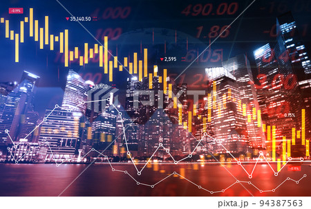 Declining graphs of a stock market crash overlap modernistic city. Declining graphs of a stock market crash overlap modernistic city. 94387563
