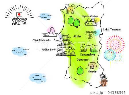 秋田の観光地シンプル線画イラストマップ