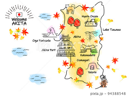 秋の秋田の観光地シンプル線画イラストマップ 94388548