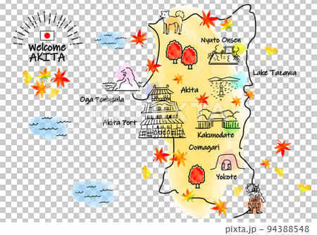 秋の秋田の観光地シンプル線画イラストマップ 94388548