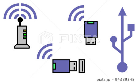 無線でインターネットに繋がるWIFIルーターとUSBに差込む無線子機のイラスト 無線でインターネットに繋がるWIFIルーターとUSBに差込む無線子機のイラスト 94389348