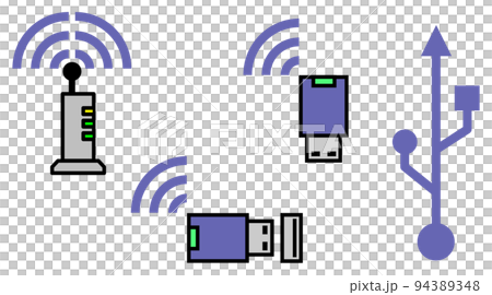 無線でインターネットに繋がるWIFIルーターとUSBに差込む無線子機のイラスト 無線でインターネットに繋がるWIFIルーターとUSBに差込む無線子機のイラスト 94389348