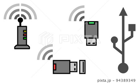無線でインターネットに繋がるWIFIルーターとUSBに差込む無線子機のイラスト 94389349