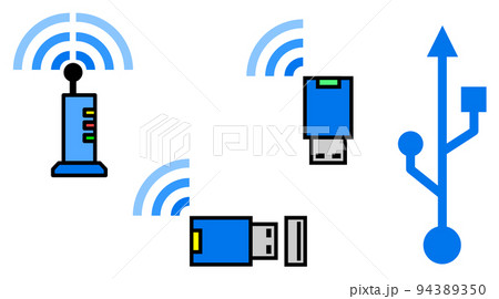 無線でインターネットに繋がるWIFIルーターとUSBに差込む無線子機のイラスト 無線でインターネットに繋がるWIFIルーターとUSBに差込む無線子機のイラスト 94389350
