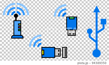 無線でインターネットに繋がるWIFIルーターとUSBに差込む無線子機のイラスト 無線でインターネットに繋がるWIFIルーターとUSBに差込む無線子機のイラスト 94389350