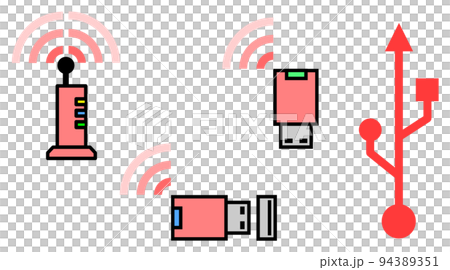 Illustration of a WIFI router that connects to the Internet wirelessly and a wireless slave device that plugs into a USB Illustration of a WIFI router that connects to the Internet wirelessly and a wireless slave device that plugs into a USB 94389351
