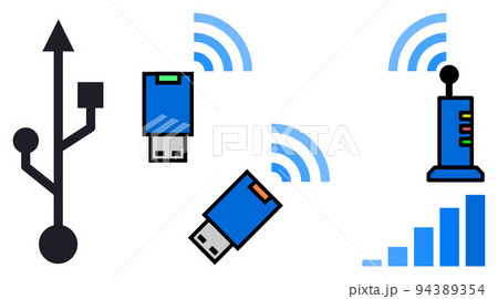無線でインターネットに繋がるWIFIルーターとUSBに差込む無線子機のイラスト 94389354
