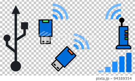 無線でインターネットに繋がるWIFIルーターとUSBに差込む無線子機のイラスト 94389354