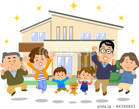 新しい住宅の前でジャンプする三世代の家族 94390605