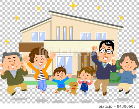 新しい住宅の前でジャンプする三世代の家族 94390605