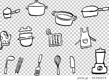 手書きのキッチン用品イラスト（白黒） 94390878