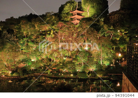 Night view of the traditional Japanese garden with its three tiered pagoda, special lighting, and artificial mists from a high floor of the famous and historical Chinzanso Hotel in Tokyo, Japan 94391044