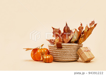 Fall Gift or Sale concept. Shopping. leaves basket, autumn decor. Fall Gift or Sale concept. Shopping. leaves basket, autumn decor. 94391222
