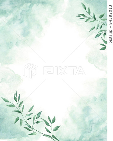 Floral background card. Rustic wedding invitation template with pistachio foliage and green watercolor splashes. For save the date, greeting, poster, and cover design. Floral background card. Rustic wedding invitation template with pistachio foliage and green watercolor splashes. For save the date, greeting, poster, and cover design. 94392013