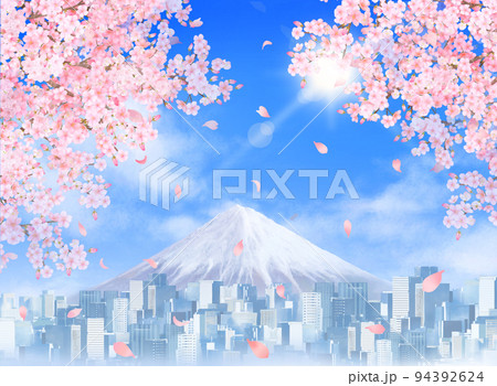 太陽の光差し込む青空に満開の美しい桜と花びら舞い散るノスタルジーな都市風景と富士山の背景素材イラスト 太陽の光差し込む青空に満開の美しい桜と花びら舞い散るノスタルジーな都市風景と富士山の背景素材イラスト 94392624