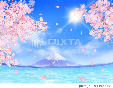 遠くに富士山の見える太陽の光差し込む青空ー美しく華やかな桜と花びらー海の背景素材イラスト 94392715