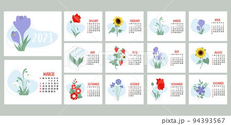 Floral calendar 2023. Flowers snowdrops, lily of the valley, poppy, sunflower, irises, crocuses and mallows. Horizontal template 12 pages and cover in English. Vector illustration. Week from Sunday 94393567