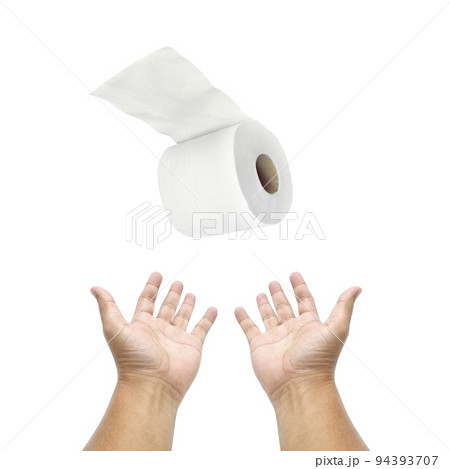 hand holding toilet paper over white background hand holding toilet paper over white background 94393707