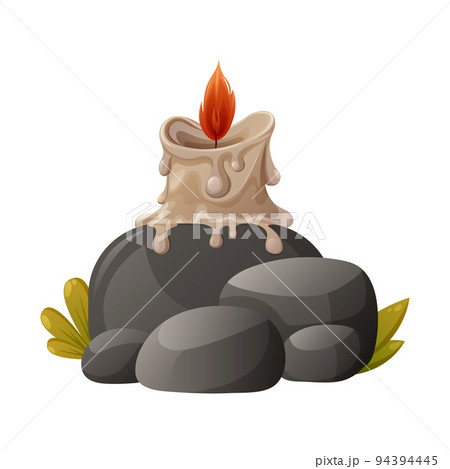 Burning wax candle on stones. Cartoon vector illustration. 94394445