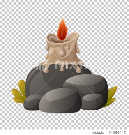 Burning wax candle on stones. Cartoon vector illustration. 94394445
