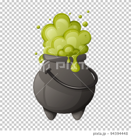 Cauldron with magic green potion. Boiling and bubbling pot. For Halloween party, witches. 94394448