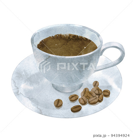 手描きのコーヒカップとコーヒー豆の水彩イラスト 94394924