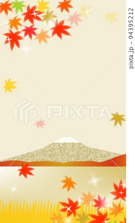 日本の秋の紅葉もみじが舞い落ちる、ゴージャスな富士山の風景の縦長イラスト。 94395212