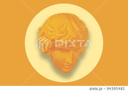 Antique sculpture of human face in artificial intelligence pop art style. Modern creative concept image with ancient statue head. Contemporary neural network art poster. Funky punk collage design. 94395482