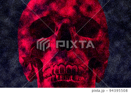 A Skull of human face an closed mouth in artificial intelligence crypto art style. Modern creative concept image with an closed mouth. Contemporary neural network art poster.Funky punk collage design. 94395508