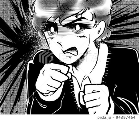 70年代少女漫画黒髪天然パーマの美少年が裏切りに怒り睨みつける白黒イラスト 94397464