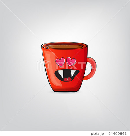 Vector cartoon coffee cup character with smiling face isolated on grey background. Funky Kawaii red coffee mug character. Good morning and coffee day concept illustration 94400641